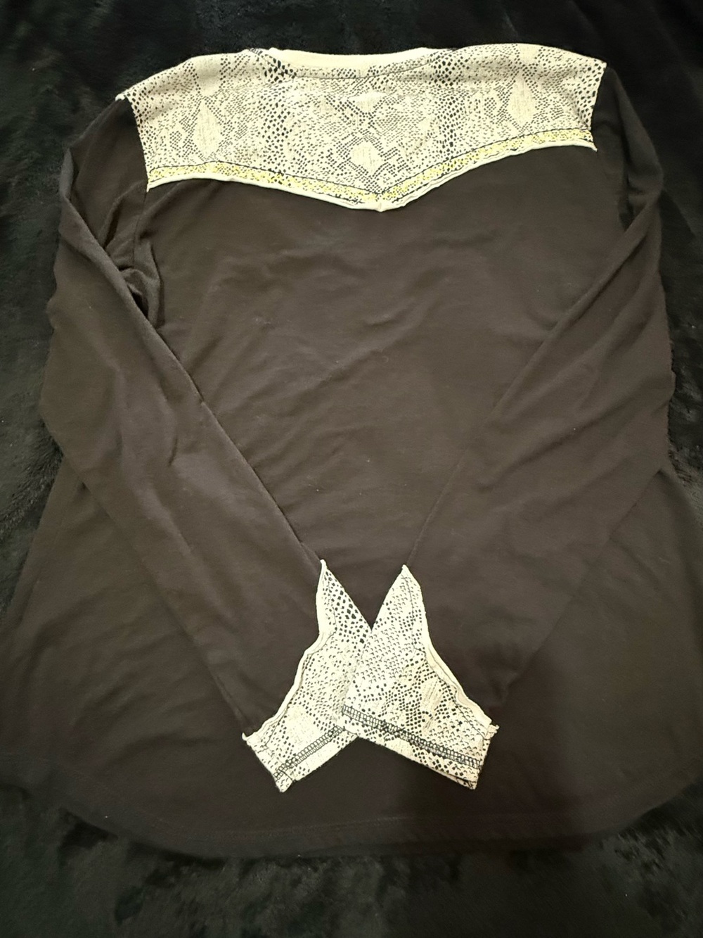 Womens Black Long-Sleeve Blouse with White Lace Yoke - Picture 4 of 5